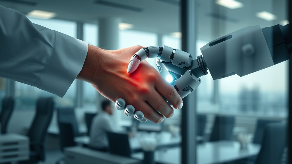 Soulful technology automation symbolized by a digital collage of human and robotic handshake reflecting in glass at corporate office