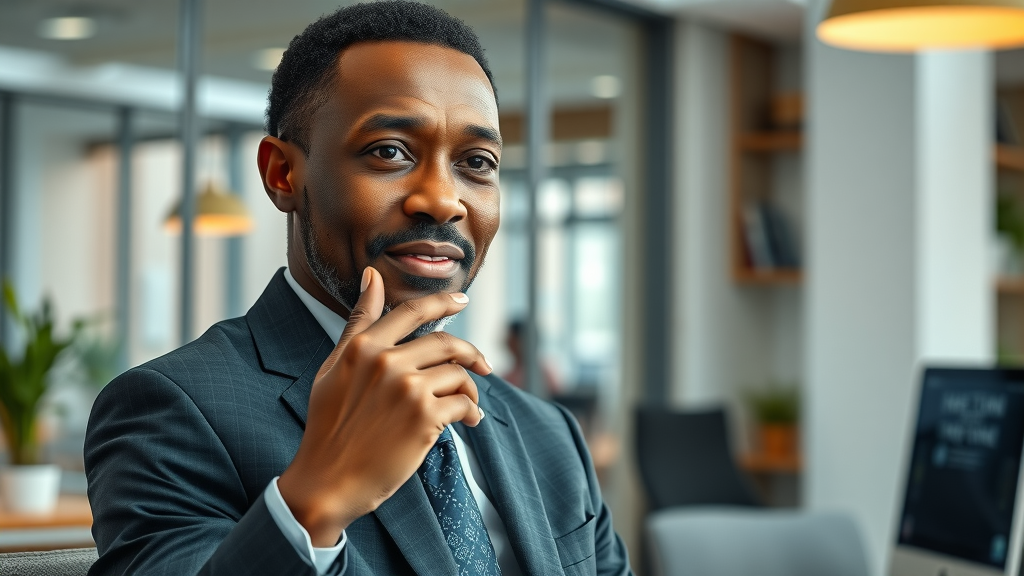 Dynamic African business leader engaging thoughtfully with AI technology in a modern office setting