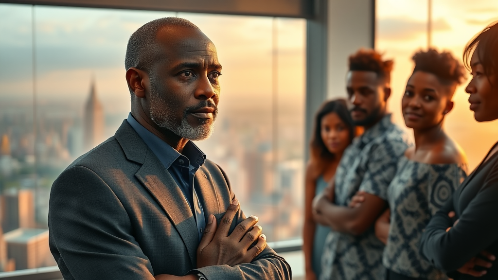 Inspirational African leader mentoring a diverse team in a contemporary office overlooking an African cityscape