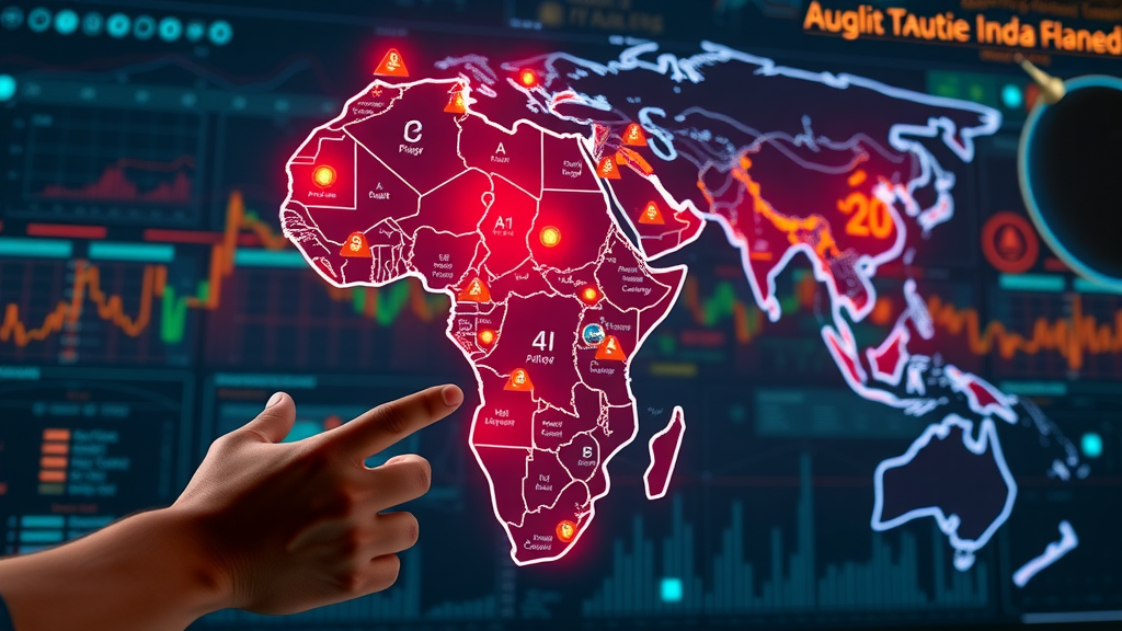 Map of African continent highlighting AI strategy hubs with futuristic digital overlay and vibrant colors