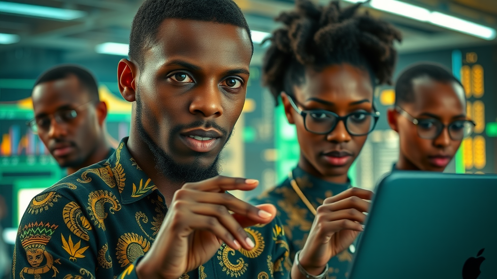 Collaborative African tech team focused on developing ethical AI solutions in a secure digital lab blending traditional and modern motifs