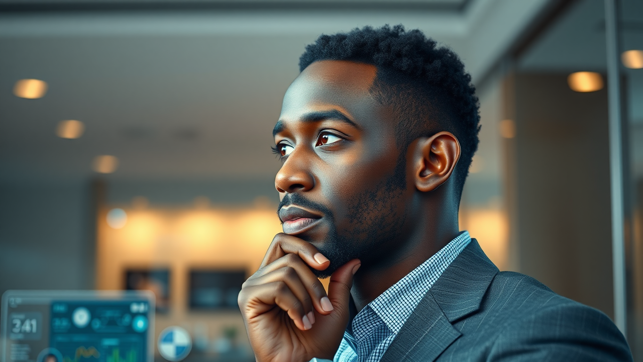 African business leader reflecting on AI integration and human connection in a modern office