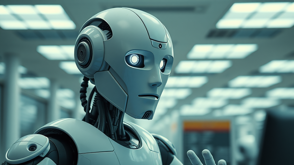 Cold corporate AI robot handling customer complaints without human warmth in an office