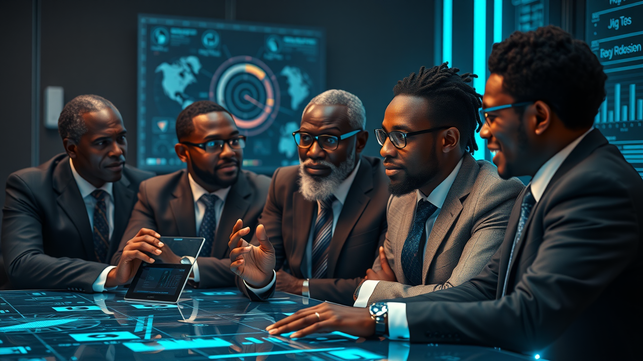 African executive team displaying wisdom and ethical AI strategy in futuristic boardroom