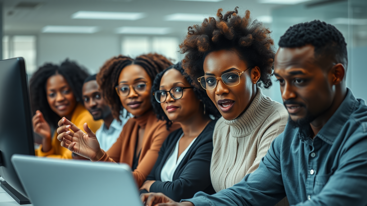 African employees showing mixed emotions reacting to automation changes in office